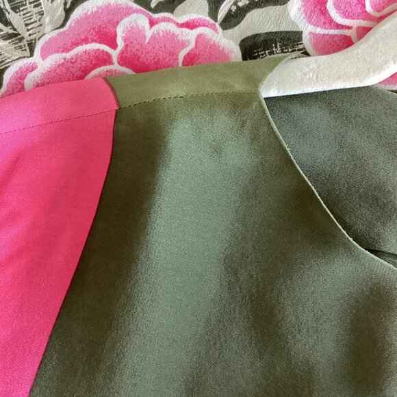 Olive/Fushia Floral Print Silk Blouse - Picture 6 of 8